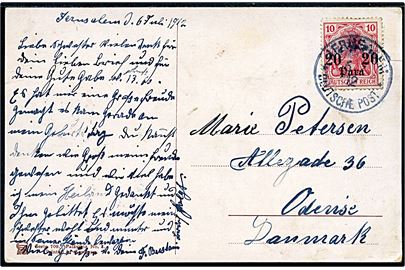 20 para / 10 pfg. Provisorium på brevkort annulleret Jerusalem Deutsche Post d. 6.7.1912 til Odense, Danmark.