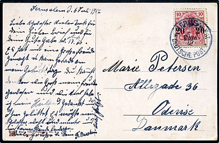 20 para / 10 pfg. Provisorium på brevkort annulleret Jerusalem Deutsche Post d. 6.7.1912 til Odense, Danmark.