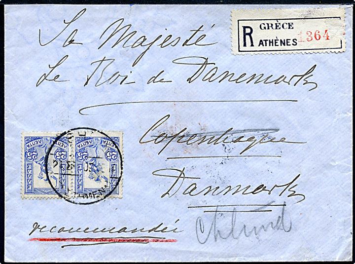25 l. i parstykke på anbefalet brev fra Athen d. 21.9.1910 til Hans Majestæt Kongen i København - eftersendt til Charlottenlund. Formodes at være sendt fra den græske kong Georg 1 til hans bror kong Frederik VIII af Danmark. 