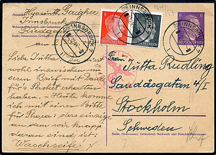 6 pfg. Hitler helsagsbrevkort opfrankeret med 1 pfg. og 8 pfg. Hitler fra (12b) Innsbruck 7 d. 2.12.1944 til Stockholm, Sverige. Tysk censur. God anvendelse af stempel med postleitzahl 12b