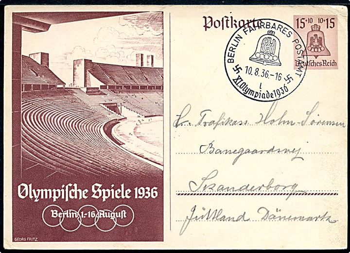 15+10 pfg. illustreret Olympiade helsagsbrevkort annulleret med særstempel Berlin Fahrbares Postamt XI. Olympiade 1936 d. 10.8.1936 til Skanderborg, Danmark.