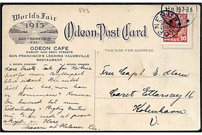 10 øre Chr. X på brevkort (San Francisco World Fair 1915) annulleret med stjernestempel KORNERUP (Type II) og sidestemplet i Roskilde d. 12.11.1919 til København.