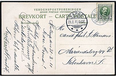 5 øre Fr. VIII på brevkort fra Hostrup annulleret med stjernestempel NORDENSKOV og sidestemplet Varde d. 21.2.1911 til København.