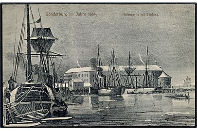Krigen 1864. Sønderborg havn med skibe. Th. Lau u/no.