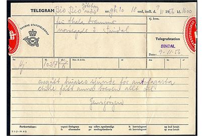 Telegram formular fra Telegrafstation Sindal med meddelelse fra sømand ombord på M/S Bio Bio d. 9.11.1956 på vej til Antofagasta, Chile modtaget via Göteborg Radio til Sindal, Danmark.