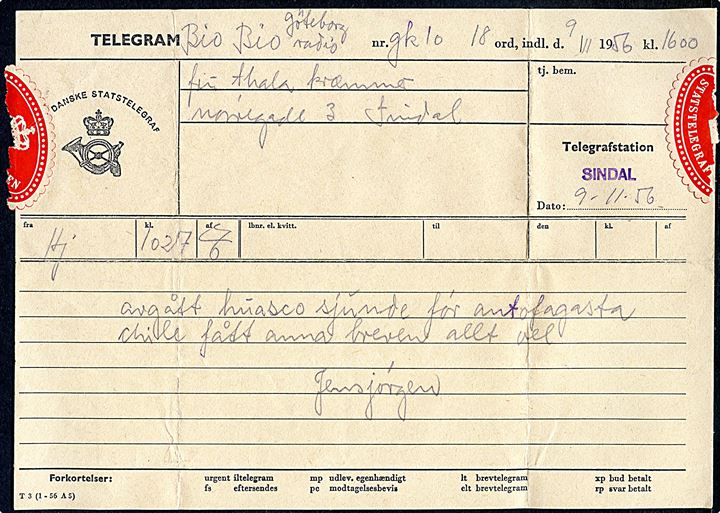 Telegram formular fra Telegrafstation Sindal med meddelelse fra sømand ombord på M/S Bio Bio d. 9.11.1956 på vej til Antofagasta, Chile modtaget via Göteborg Radio til Sindal, Danmark.