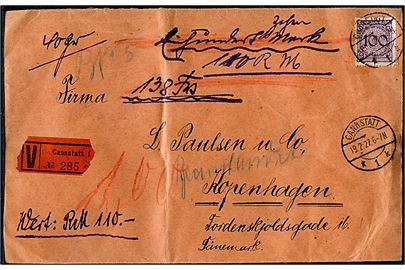 100 pfg. Ciffer single på værdibrev fra Cannstatt d. 19.2.1927 til København, Danmark. På bagsiden 5 laksegl.