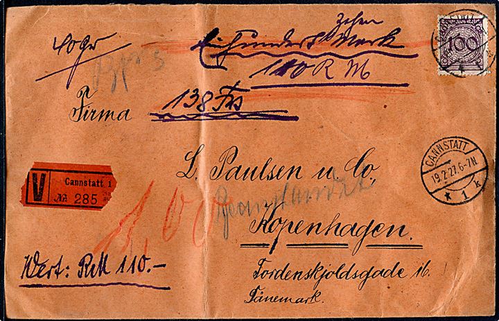 100 pfg. Ciffer single på værdibrev fra Cannstatt d. 19.2.1927 til København, Danmark. På bagsiden 5 laksegl.