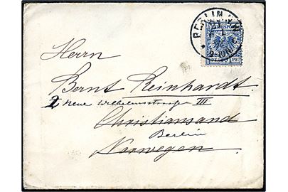 20 pfg. Adler på brev fra Berlin d. 6.1.1892 til Christiansand, Norge - eftersendt til Berlin.