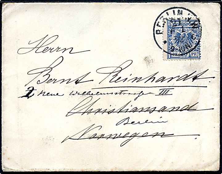 20 pfg. Adler på brev fra Berlin d. 6.1.1892 til Christiansand, Norge - eftersendt til Berlin.