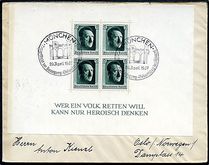 6+19 pfg. Hitler Fødselsdags udg. i blok, samt 1 pfg. Hindenburg på brev annulleret med særstempel i München d. 20.4.1937 til Oslo, Norge.