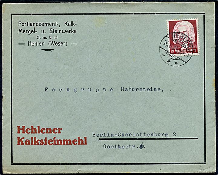 12 pfg. Johan Sebastian Bach single på brev fra Hehlen d. 26.6.1935 til Berlin.