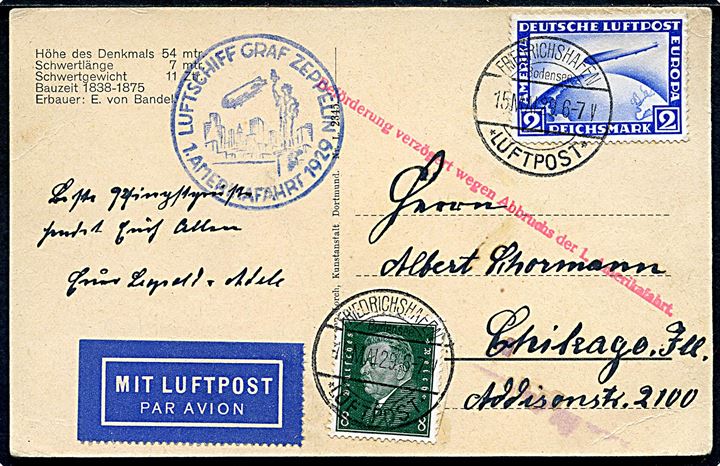 8 pfg. Ebert og 2 mk. Zeppelin på forsinket flyvnings-postkort stemplet Friedrichshafen Luftpost d. 15.5.1929 til Chicago, USA. Rødt forsinkelsesstempel Beförderung verzögert wegen Abbruchs der 1. Amerikafahrt og blåt flyvningsstempel: Luftschiff Graf Zeppelin 1. Amerikafahrt 1929.