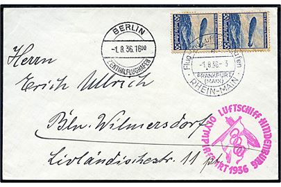50 pfg. Zeppelin udg. i parstykke på flyvningsbrev annulleret Flug- und Luftschiffhafen Rhein-Main d. 1.8.1936 til Berlin. Rødt flyvningsstempel Luftschiff Hindenburg Olympiafahrt 1936.