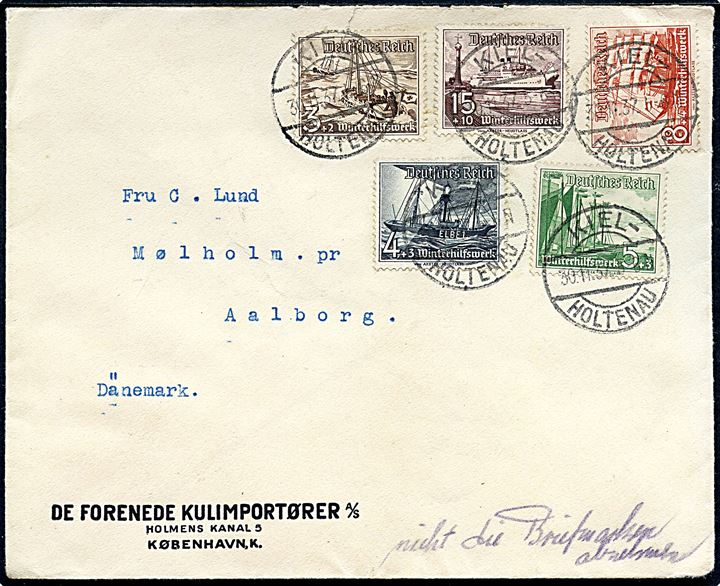 3+2 pfg., 4+3 pfg., 5+3 pfg., 8+4 pfg. og 15+10 pfg. Winter Hilfswerk 1937 udg. på brev fra sømand ombord på S/S Cimbria i Kiel d. 30.11.1937 til Aalborg, Danmark.