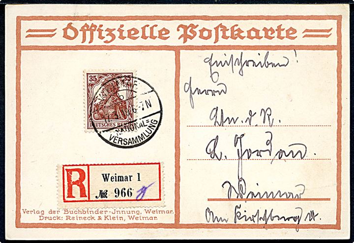 35 pfg. Germania single på officielt Nationalversammlung postkort sendt anbefalet med særstempel Weimar National-Versammlung d. 17.3.1919.