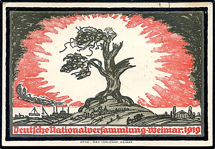 35 pfg. Germania single på officielt Nationalversammlung postkort sendt anbefalet med særstempel Weimar National-Versammlung d. 17.3.1919.