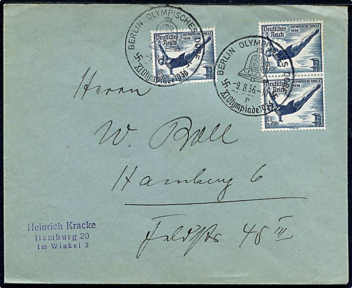4+3 pfg. Olympiade udg. (3) på brev annulleret med særstempel Berlin Olympisches Dorf XI. Olympiade 1936 d. 9.8.1936 til Hamburg.