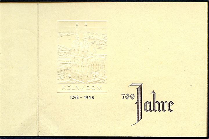 Komplet sæt Kölner Dom 700 år i souveniromslag annulleret med særstempel i Köln d. 29.6.1948. 