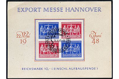 Komplet sæt Hannover Messe 1948 i sammentrykt fireblok på souvenir-ark annulleret med særstempel i Hannover d. 4.6.1948.