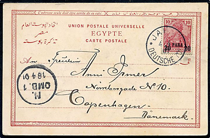 20 para / 10 pfg. Germania provisorium på brevkort annulleret JAFFA Deutsche Post d. 4.4.1901 til København, Danmark.