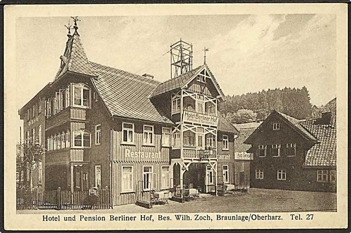 Reklamekort fra hotel og pension Berliner Hof i Braunlage, Tyskland. H. Rudolphi u/no.