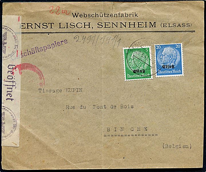 5 pfg. og 20 pfg. Elsass Hindenburg provisorium på forretningspapirer fra Sennheim, Elsas d. 22.5.1941 til Binche, Belgien. Tysk censur fra Köln.