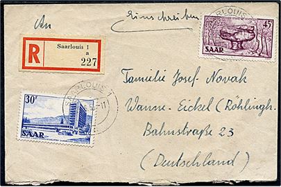 30 fr. og 45 fr. på anbefalet brev fra Saarlouis d. 23.6.1955 til Wanne-Eickel, Tyskland.