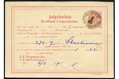 5 h. Franz Joseph helsags telegramkvittering for telegram til Christiania, Norge annulleret Triest Plazza-Giuseppina d. 6.4.1995. Lodret fold.