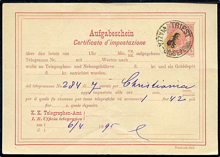 5 h. Franz Joseph helsags telegramkvittering for telegram til Christiania, Norge annulleret Triest Plazza-Giuseppina d. 6.4.1995. Lodret fold.