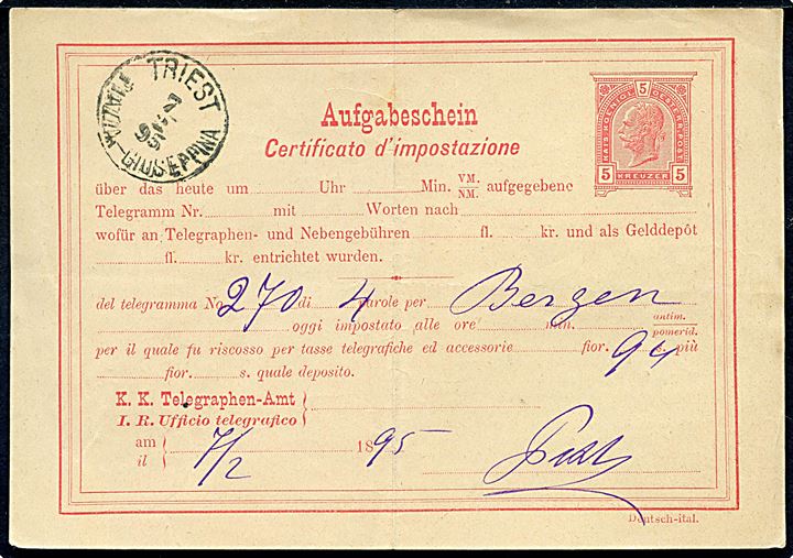 5 h. Franz Joseph helsags telegramkvittering for telegram til Bergen, Norge annulleret Triest Plazza-Giuseppina d. 7.2.1995. Lodret fold.