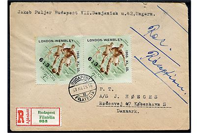2 f. London-Wembley 1953 XI. 25. / 6:3 Provisorium i parstykke på anbefalet brev fra Budapest d. 28.12.1953 til København, Danmark.  