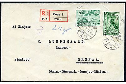 10 f. og 1 p. Luftpost på anbefalet brev fra Pecs d. 21.9.1936 til Grenaa, Danmark.