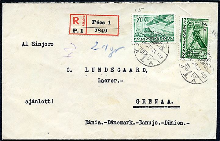 10 f. og 1 p. Luftpost på anbefalet brev fra Pecs d. 21.9.1936 til Grenaa, Danmark.