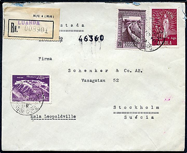 5 c., 70 c. og 9 Ags. på anbefalet brev fra Luanda d. 3.2.1949 til Stockholm, Sverige.