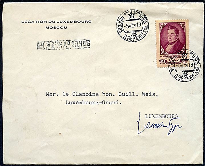 40 kop. A. S. Gribojedow single på brev fra Luxembourgs Legation i Moskva d. 5.4.1954 via Bruxelles til Luxembourg. 