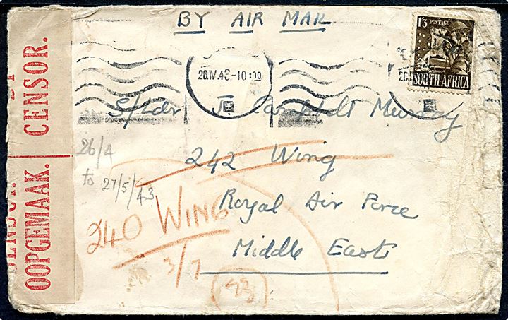 1/3 sh. Defence single på luftpostbrev fra Durban d. 26.4.1943 til S/Ldr. J. Campbell Murrey 242 Wing Royal Air Force i Middel East - eftersendt til 240 Wing. Transit stemplet ved britisk feltpostkontor FPO 110 d. 27.5.1943 og FPO 717 d. 1.7.1943. Censureret i Sydafrika. 