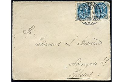4 øre Tofarvet (2) omv. rm. på brev fra Aalborg - Hadsund T.65 d. 9.9.1901 til Thisted. 