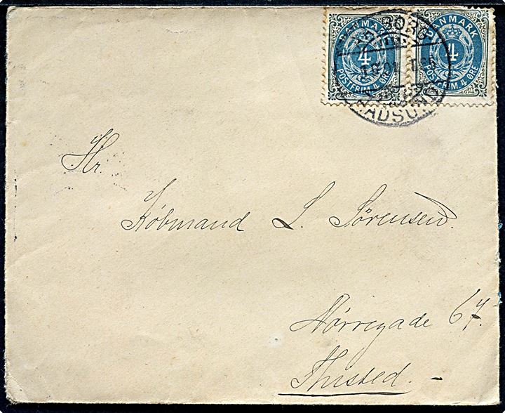 4 øre Tofarvet (2) omv. rm. på brev fra Aalborg - Hadsund T.65 d. 9.9.1901 til Thisted. 