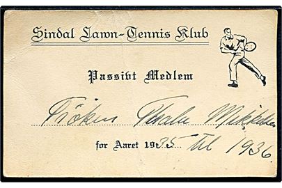Sindal Lawn-Tennis Klub. Illustreret medlemskort for passivt medlem for året 1935-36.