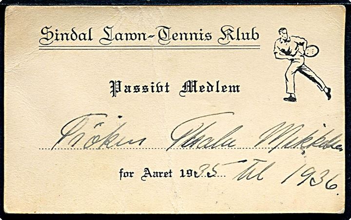 Sindal Lawn-Tennis Klub. Illustreret medlemskort for passivt medlem for året 1935-36.