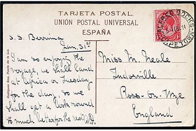 1d George V på brevkort (Las Palmas havn på de Kanariske øer) skrevet ombord på S/S Berrima og annulleret Alfred Docks Cape Town d. 5.2.1914 til Tudorville, Roos-on-Wye, England.