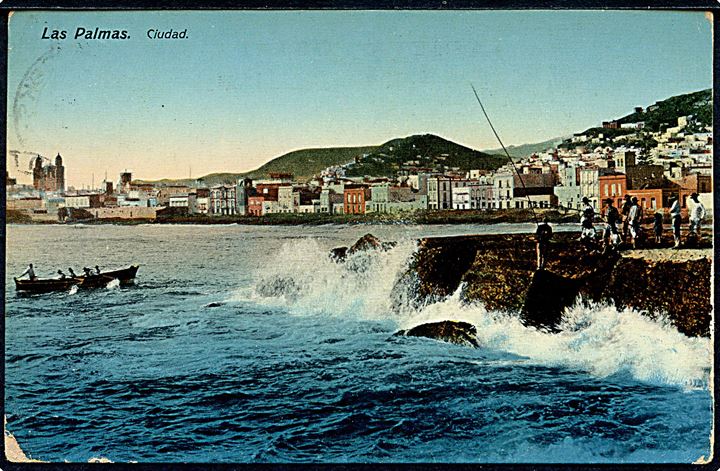 1d George V på brevkort (Las Palmas havn på de Kanariske øer) skrevet ombord på S/S Berrima og annulleret Alfred Docks Cape Town d. 5.2.1914 til Tudorville, Roos-on-Wye, England.