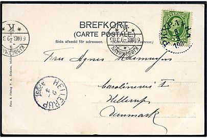 5 öre Oscar II på brevkort fra Sköfte annulleret med bureaustempel PKXP No. 88 (?) d. 8.3.1905 til Hellerup, Danmark. Ank.stemplet med sjældent efteranvendt lapidar stempel Hellerup d. 9.3.1905.