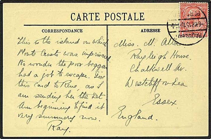 1d George V på brevkort fra Marseille annulleret med egyptisk skibsstempel Paquebot / Port Said d. 6.3.1915 til England.