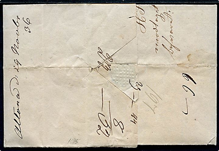 1836. Francobrev påskrevet 18 sk. og Fco Helsingborg med indhold fra Altona d. 29.11.1836 til Mandal, Norge. På bagsiden porto påtegninger som viser at modtageren har betalt restporto på 52 skilling