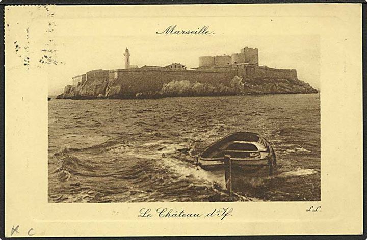 1d George V på brevkort fra Marseille annulleret med egyptisk skibsstempel Paquebot / Port Said d. 6.3.1915 til England.