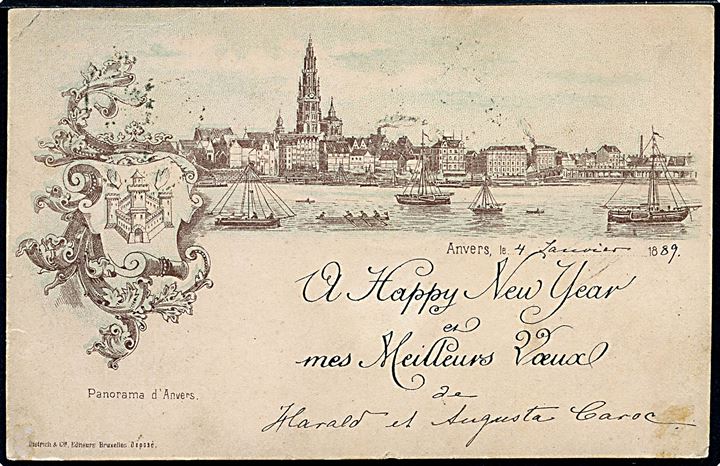 Belgien. Panorama over havnen i Anvers. Nytårskort dateret 4.1.1889. Meget tidligt postkort. Dietrich & Cie. u/no.