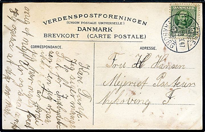 Nørre Broby, parti fra. No. 5618. Frankeret med 5 øre Fr. VIII annulleret med bureaustempel Odense - Faaborg T.47 d. 28.7.1908 til Nykøbing F.