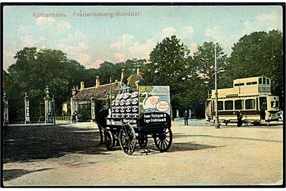 Købh., Frederiksberg Runddel med sporvogn og hestevogn med reklame for Otto Mønsted Margarine. Belgisk tiltryk på bagsiden.
